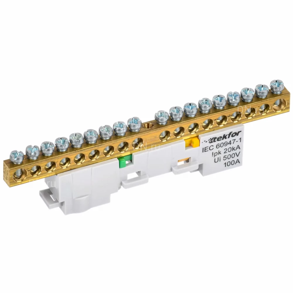 Шина IEK TEKFOR PE земля 6х9-18-Ж, исполнение - неизолированная на универсальном держателе, количество соединений - 18, материал - латунь, цвет - желтый, TF-NN10-18-DL-K05