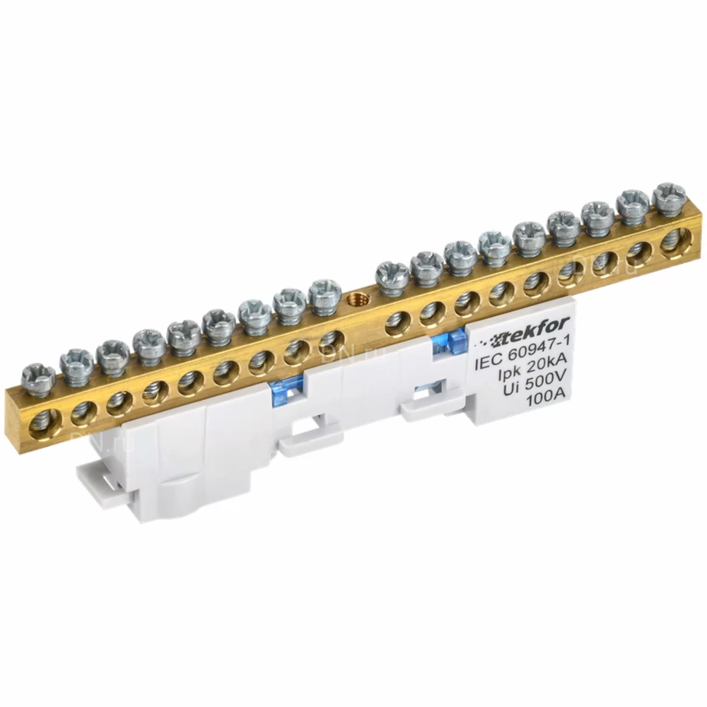 Шина IEK TEKFOR N ноль 6х9-18-С, исполнение - неизолированная на универсальном держателе, количество соединений - 18, материал - латунь, цвет - синий, TF-NN10-18-DL-K07