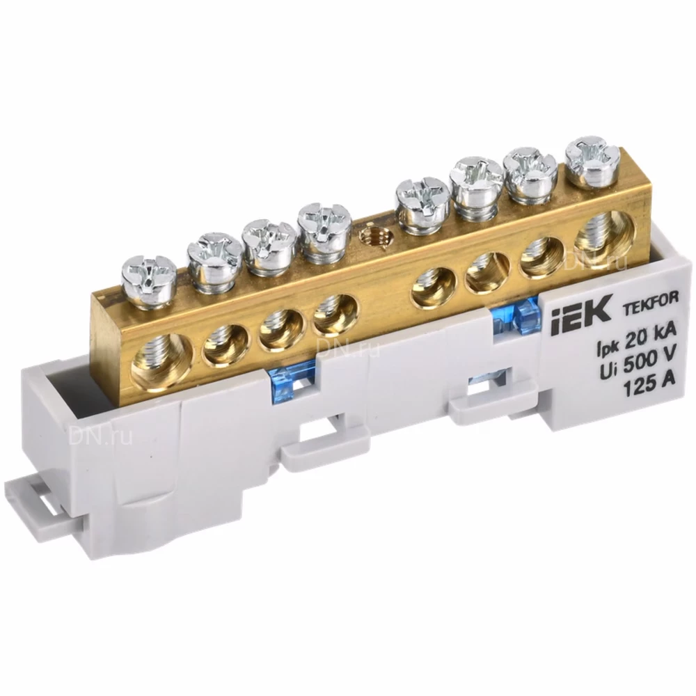 Шина IEK TEKFOR N ноль 8х12-8-С, исполнение - неизолированная на универсальном держателе, количество соединений - 8, материал - латунь, цвет - синий, TF-NN20-08-DL-K07