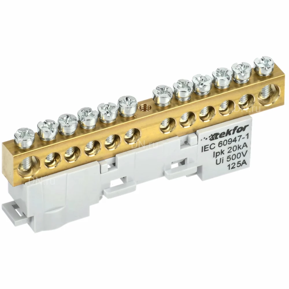 Шина IEK TEKFOR L фаза 8х12-12-Ср, исполнение - неизолированная на универсальном держателе, количество соединений - 12, материал - латунь, цвет - серый, TF-NN20-12-DL-K03