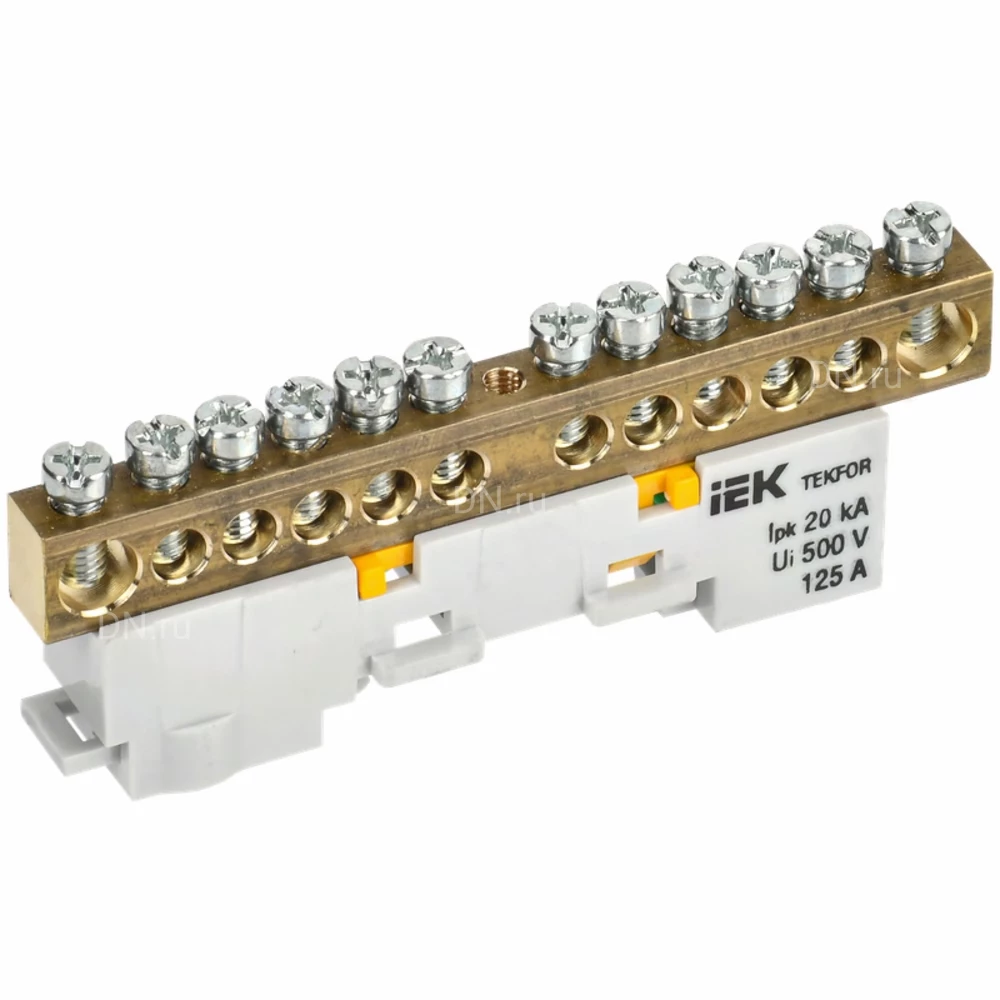 Шина IEK TEKFOR PE земля 8х12-12-Ж, исполнение - неизолированная на универсальном держателе, количество соединений - 12, материал - латунь, цвет - желтый, TF-NN20-12-DL-K05