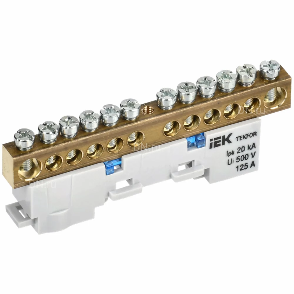 Шина IEK TEKFOR N ноль 8х12-12-С, исполнение - неизолированная на универсальном держателе, количество соединений - 12, материал - латунь, цвет - синий, TF-NN20-12-DL-K07