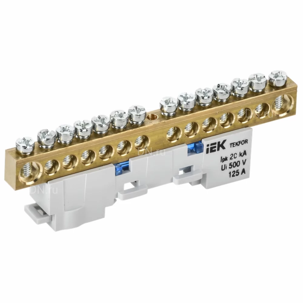 Шина IEK TEKFOR N ноль 8х12-14-С, исполнение - неизолированная на универсальном держателе, количество соединений - 14, материал - латунь, цвет - синий, TF-NN20-14-DL-K07