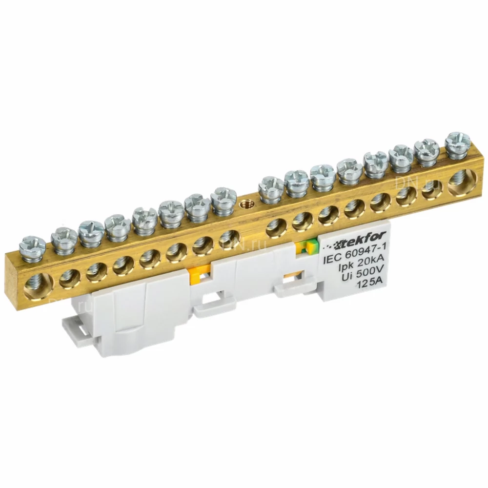 Шина IEK TEKFOR PE земля 8х12-16-Ж, исполнение - неизолированная на универсальном держателе, количество соединений - 16, материал - латунь, цвет - желтый, TF-NN20-16-DL-K05