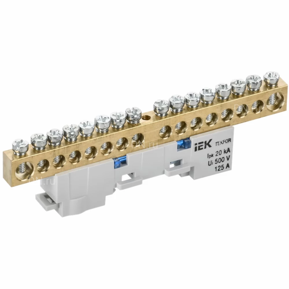 Шина IEK TEKFOR N ноль 8х12-16-С, исполнение - неизолированная на универсальном держателе, количество соединений - 16, материал - латунь, цвет - синий, TF-NN20-16-DL-K07