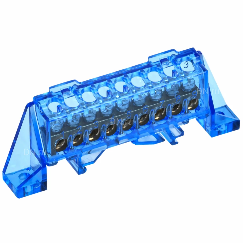 Шина IEK TEKFOR N ноль 6х9-9-С, исполнение - в комбинированном DIN-изоляторе Стойка, количество соединений - 9, материал - латунь, цвет - синий, TF-NN10-09-DP-K07