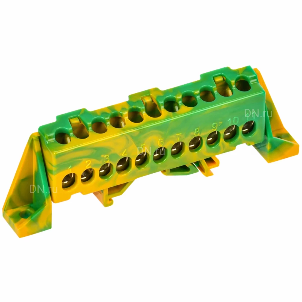Шина IEK TEKFOR PE земля 6х9-11-ЖЗ, исполнение - в комбинированном DIN-изоляторе Стойка, количество соединений - 11, материал - латунь, цвет - желтый, зеленый, TF-NN10-11-DP-K52