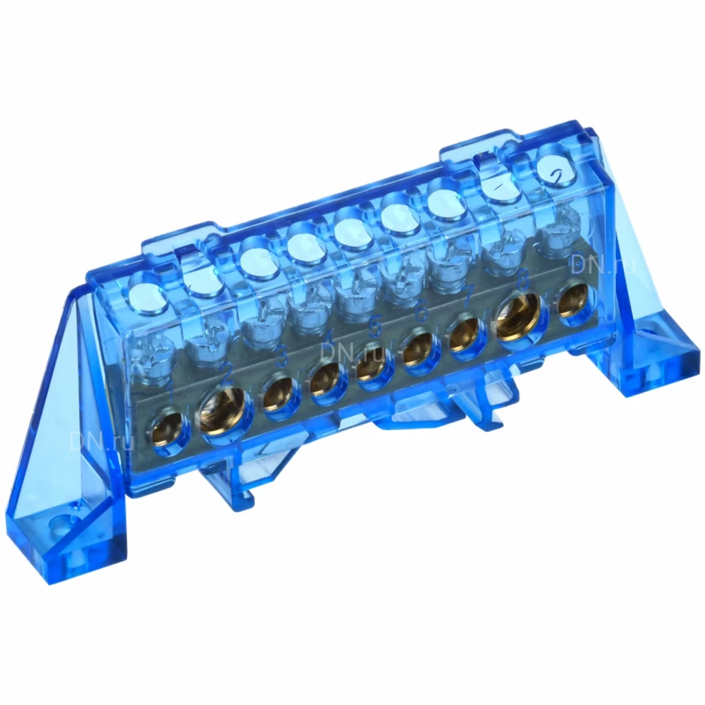 Шина IEK TEKFOR N ноль 8х12-9-С, исполнение - в комбинированном DIN-изоляторе Стойка, количество соединений - 9, материал - латунь, цвет - синий, TF-NN20-09-DP-K07