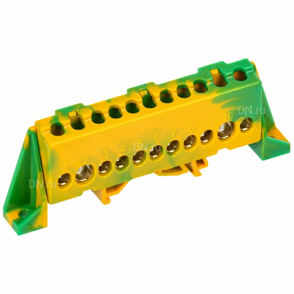 Шина IEK TEKFOR PE земля 8х12-11-ЖЗ, исполнение - в комбинированном DIN-изоляторе Стойка, количество соединений - 11, материал - латунь, цвет - желтый, зеленый, TF-NN20-11-DP-K52