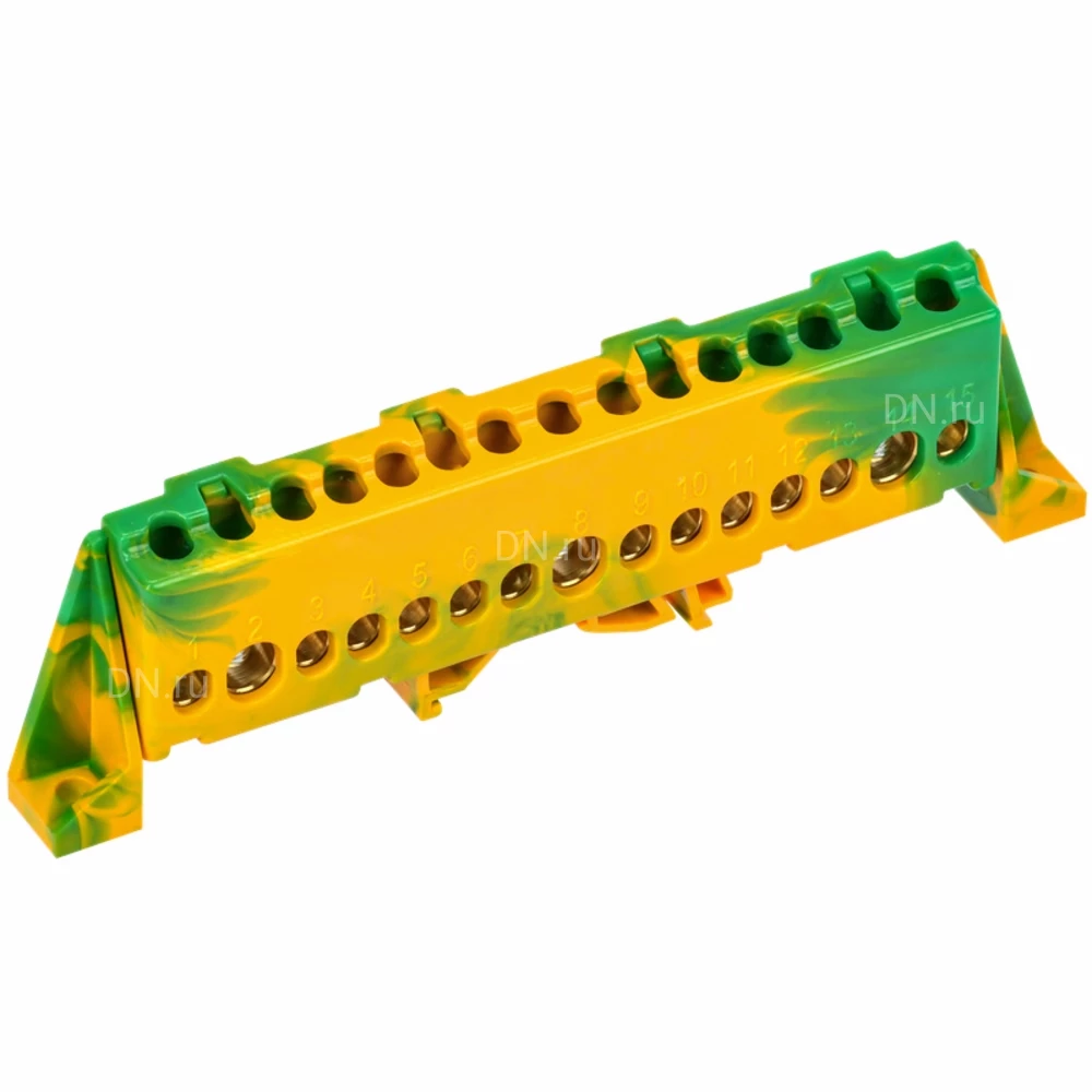 Шина IEK TEKFOR PE земля 8х12-15-ЖЗ, исполнение - в комбинированном DIN-изоляторе Стойка, количество соединений - 15, материал - латунь, цвет - желтый, зеленый, TF-NN20-15-DP-K52