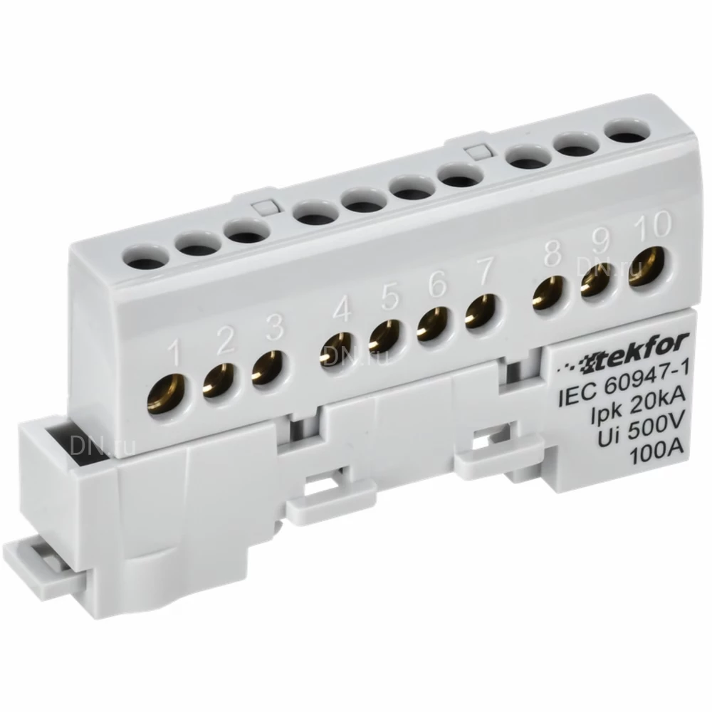 Шина IEK TEKFOR L фаза 6х9-10-Ср, исполнение - изолированная на универсальном держателе, количество соединений - 10, материал - латунь, цвет - серый, TF-NN10-10-KL-K03