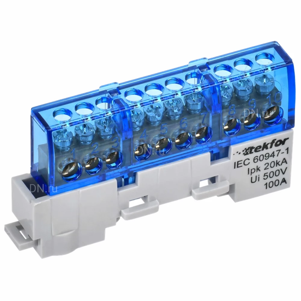 Шина IEK TEKFOR N ноль 6х9-10-С, исполнение - изолированная на универсальном держателе, количество соединений - 10, материал - латунь, цвет - синий, TF-NN10-10-KL-K07