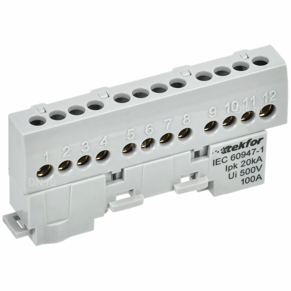 Шина IEK TEKFOR L фаза 6х9-12-Ср, исполнение - изолированная на универсальном держателе, количество соединений - 12, материал - латунь, цвет - серый, TF-NN10-12-KL-K03