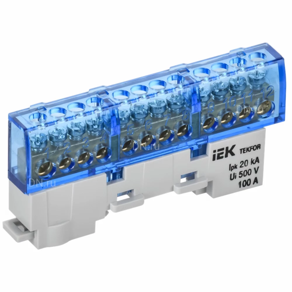 Шина IEK TEKFOR N ноль 6х9-12-С, исполнение - изолированная на универсальном держателе, количество соединений - 12, материал - латунь, цвет - синий, TF-NN10-12-KL-K07