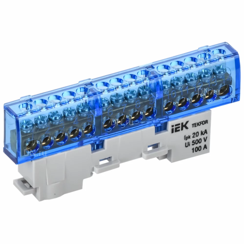 Шина IEK TEKFOR N ноль 6х9-14-С, исполнение - изолированная на универсальном держателе, количество соединений - 14, материал - латунь, цвет - синий, TF-NN10-14-KL-K07