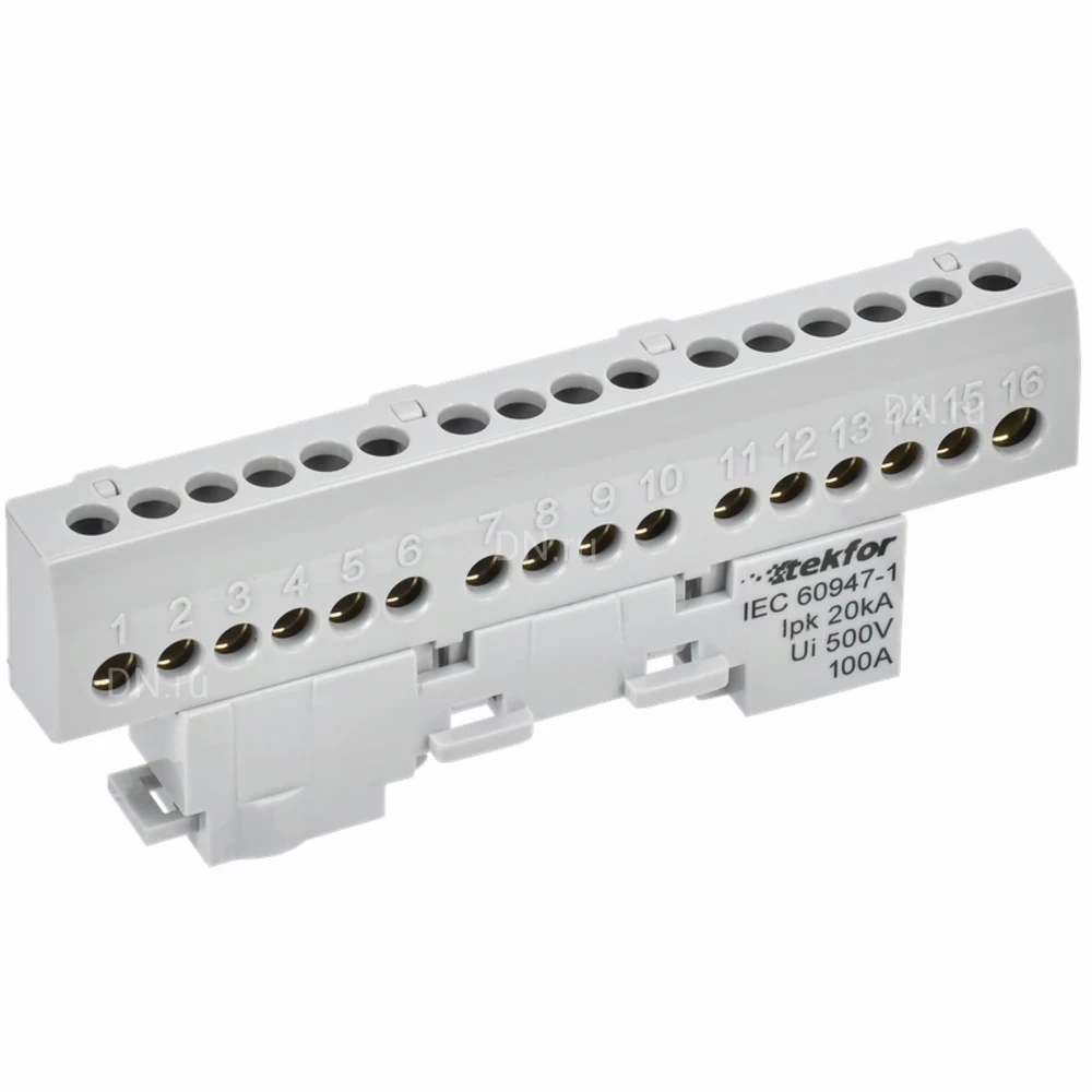 Шина IEK TEKFOR L фаза 6х9-16-Ср, исполнение - изолированная на универсальном держателе, количество соединений - 16, материал - латунь, цвет - серый, TF-NN10-16-KL-K03