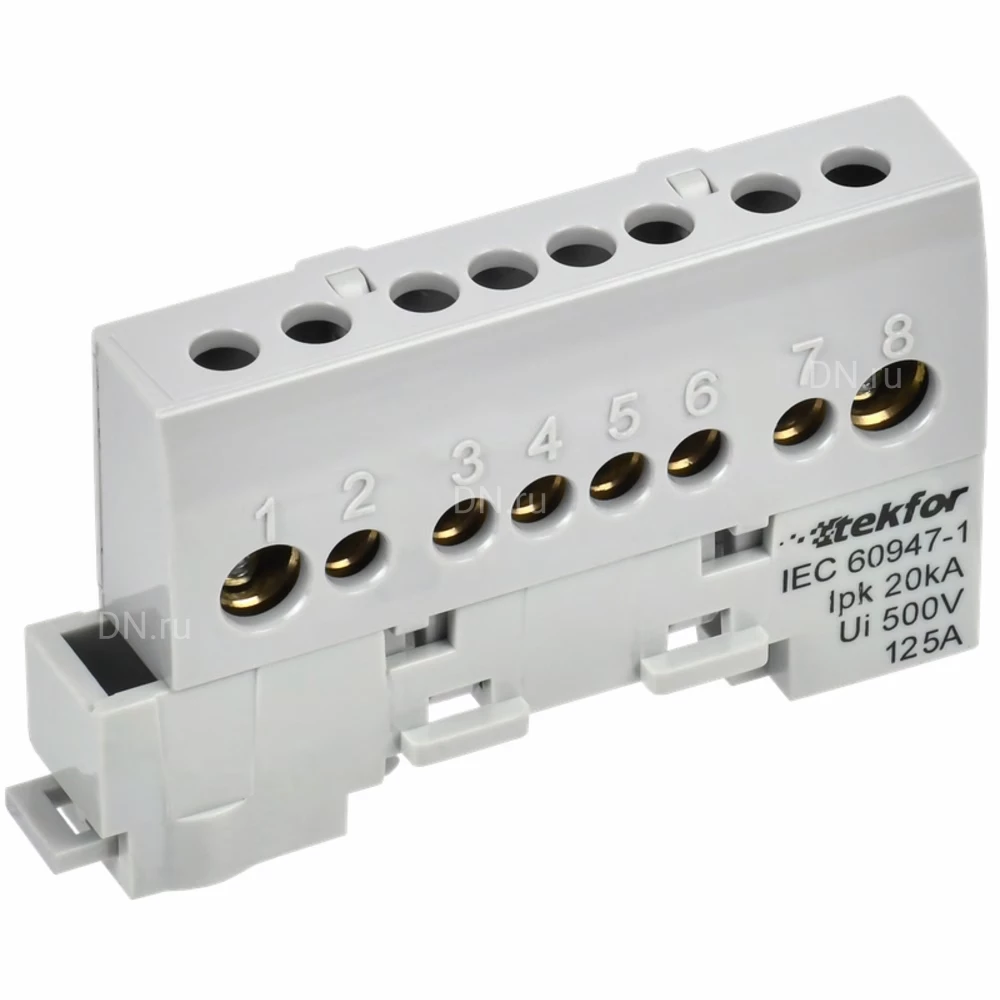 Шина IEK TEKFOR L фаза 8х12-8-Ср, исполнение - изолированная на универсальном держателе, количество соединений - 8, материал - латунь, цвет - серый, TF-NN20-08-KL-K03