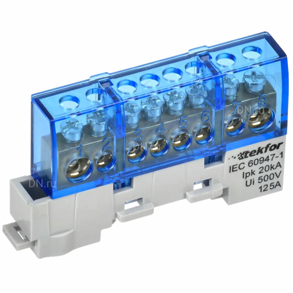 Шина IEK TEKFOR N ноль 8х12-8-С, исполнение - изолированная на универсальном держателе, количество соединений - 8, материал - латунь, цвет - синий, TF-NN20-08-KL-K07