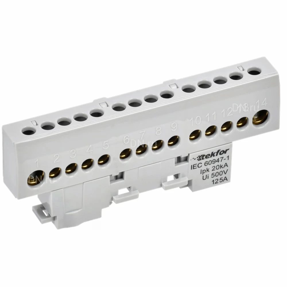 Шина IEK TEKFOR L фаза 8х12-14-Ср, исполнение - изолированная на универсальном держателе, количество соединений - 14, материал - латунь, цвет - серый, TF-NN20-14-KL-K03