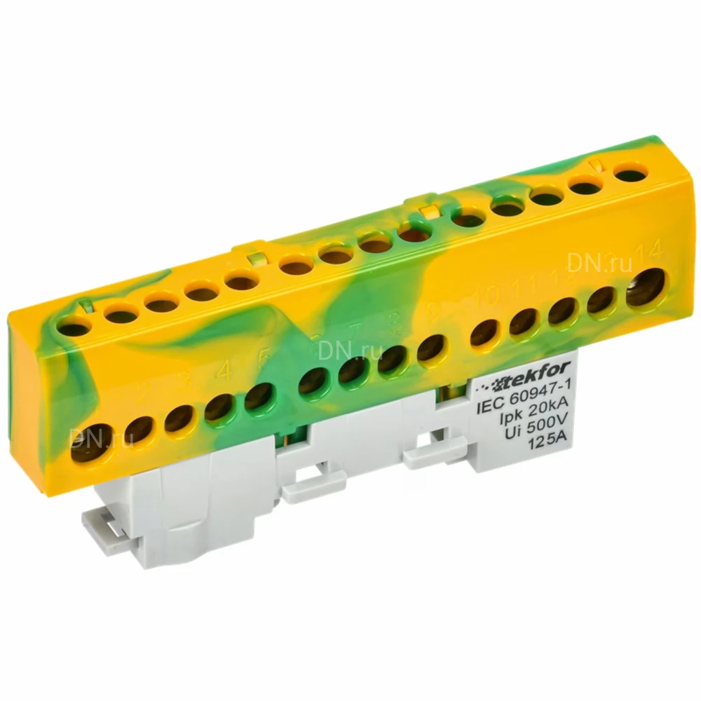 Шина IEK TEKFOR PE земля 8х12-14-ЖЗ, исполнение - изолированная на универсальном держателе, количество соединений - 14, материал - латунь, цвет - желтый, зеленый, TF-NN20-14-KL-K52