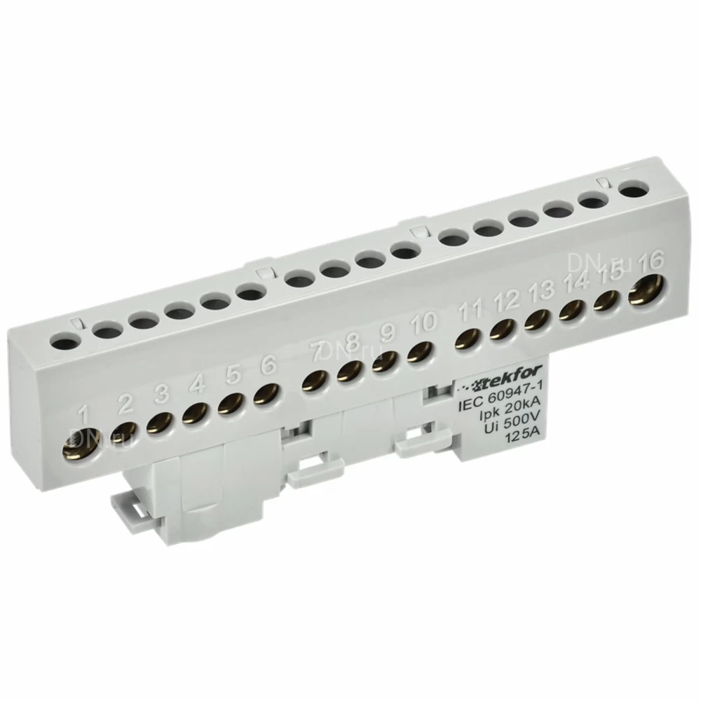 Шина IEK TEKFOR L фаза 8х12-16-Ср, исполнение - изолированная на универсальном держателе, количество соединений - 16, материал - латунь, цвет - серый, TF-NN20-16-KL-K03