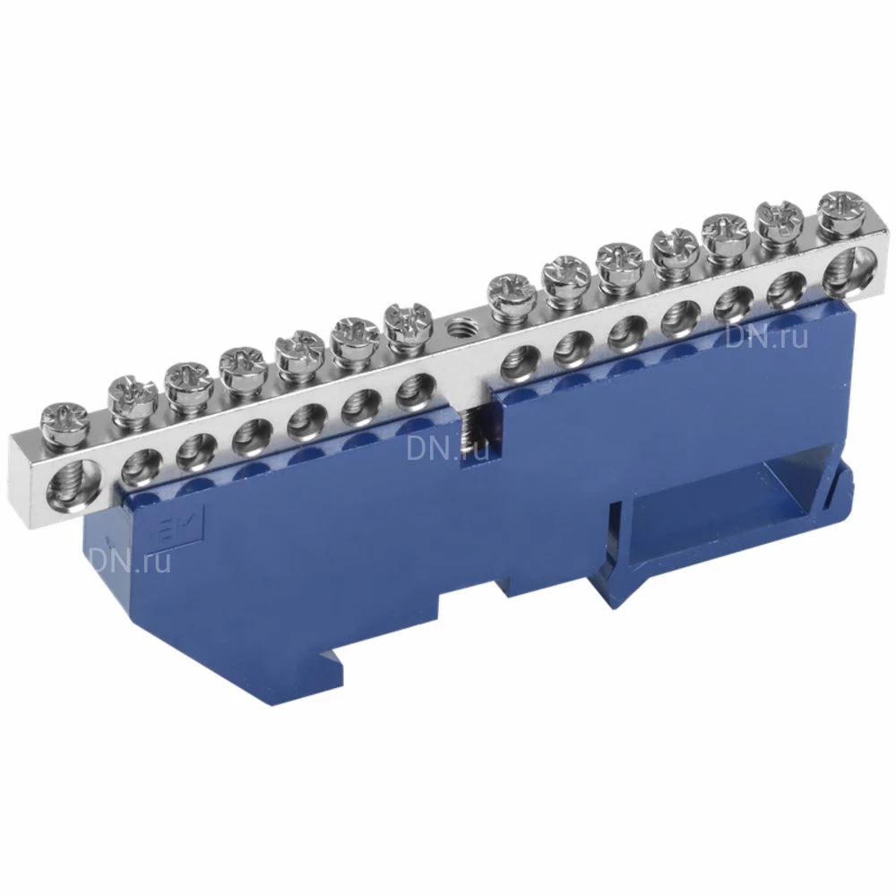 Шина IEK N ноль ШНИ-6х9-14-Д-С Ni исполнение изолятора - с DIN-изолятором, количество соединений - 14, материал - латунь никелированная, цвет - синий, YNN10-14-D-K07-N