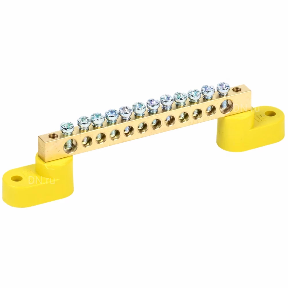Шина IEK PE земля ШНИ-6х9-12-У2-Ж исполнение изолятора - с двумя угловыми изоляторами, количество соединений - 12, материал - латунь, цвет - желтый, YNN10-69-12C2-K05