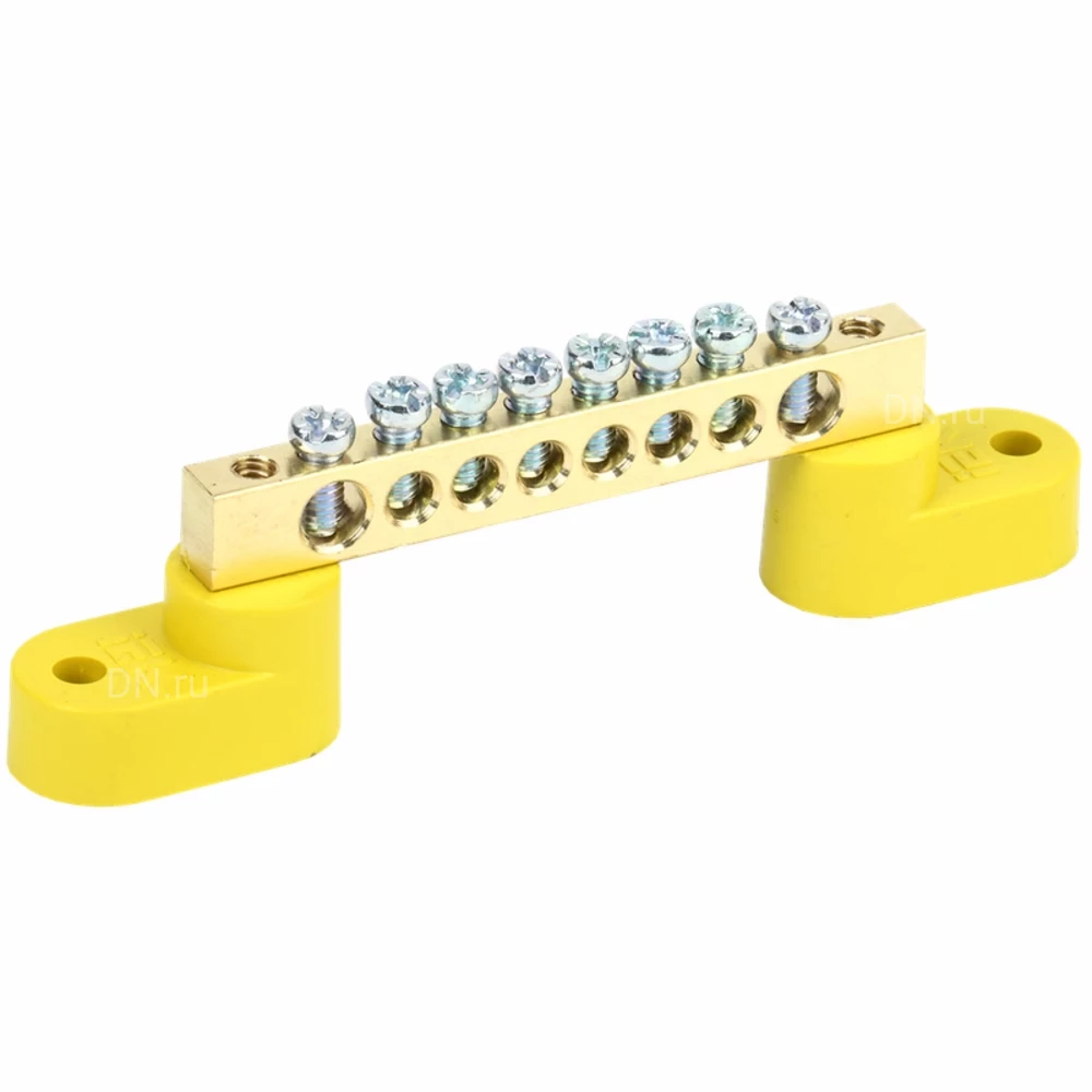 Шина IEK PE земля ШНИ-6х9-8-У2-Ж исполнение изолятора - с двумя угловыми изоляторами, количество соединений - 8, материал - латунь, цвет - желтый, YNN10-69-8C2-K05