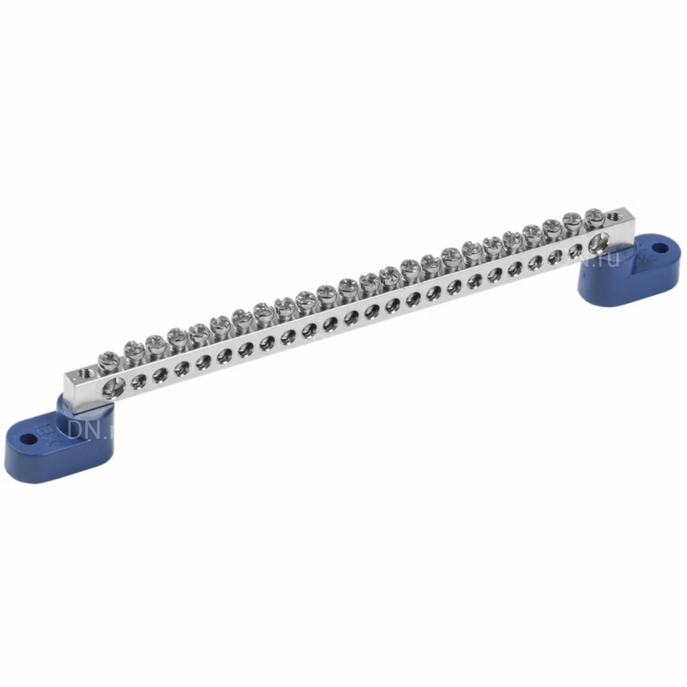 Шина IEK N ноль ШНИ-6х9-24-У2-С Ni исполнение изолятора - с двумя угловыми изоляторами, количество соединений - 24, материал - латунь никелированная, цвет - синий, YNN10-24-C2-K07-N