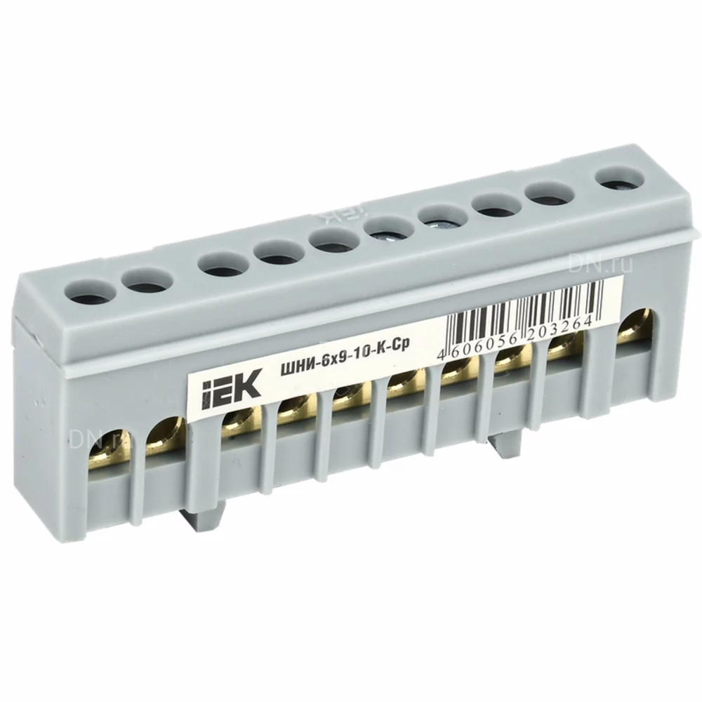 Шина IEK L фаза ШНИ-6х9-10-К-Ср исполнение изолятора - корпусной изолятор на DIN-рейку, количество соединений - 10, материал - латунь, цвет - серый, YNN10-69-10KD-K02