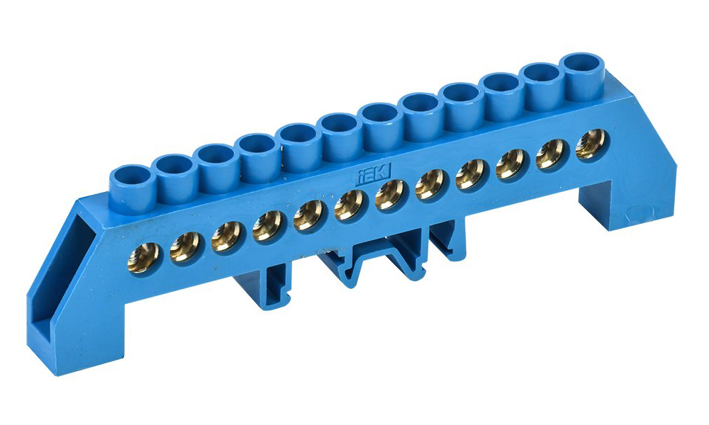 Шина нулевая IEK 8х12-12 с комбинированным синим DIN-изолятором типа Стойка, 12 отверстий, латунь