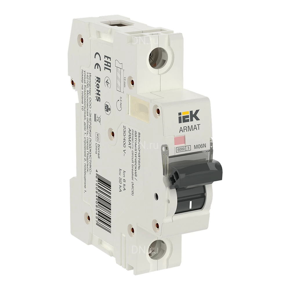 Автоматический выключатель модульный однополюсный IEK ARMAT M06N 1P (B) 50А 6кА, сила тока 50А, тип расцепителя B, отключающая способность 6кА AR-M06N-1-B050