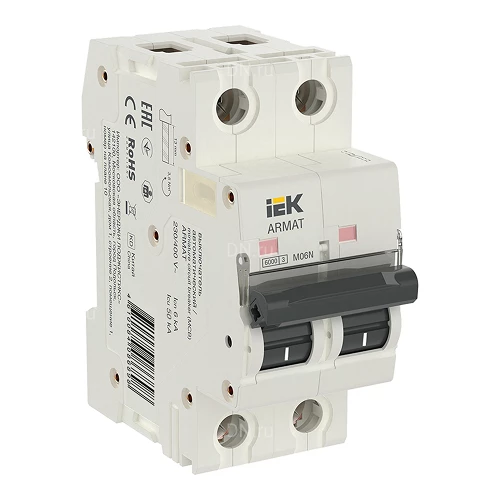 Автоматические выключатели модульные двухполюсные IEK ARMAT M06N 2P (D) сила тока 0.5-63А, тип расцепителя D, отключающая способность 6кА