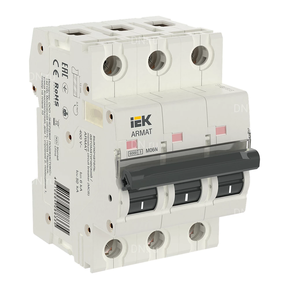 Автоматический выключатель модульный трехполюсный IEK ARMAT M06N 3P (D) 32А 6кА, сила тока 32А, тип расцепителя D, отключающая способность 6кА AR-M06N-3-D032