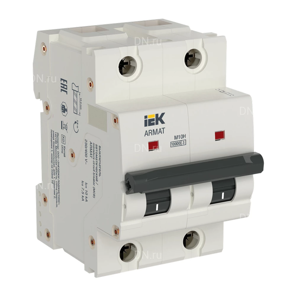 Автоматический выключатель модульный двухполюсный IEK ARMAT M10H 2P (D) 100А 10кА, сила тока 100А, тип расцепителя D, отключающая способность 10кА AR-M10H-2-D100