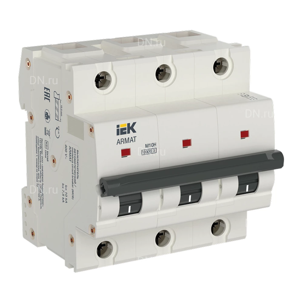 Автоматический выключатель модульный трехполюсный IEK ARMAT M10H 3P (H) 100А 10кА, сила тока 100А, тип расцепителя H, отключающая способность 10кА AR-M10H-3-H100