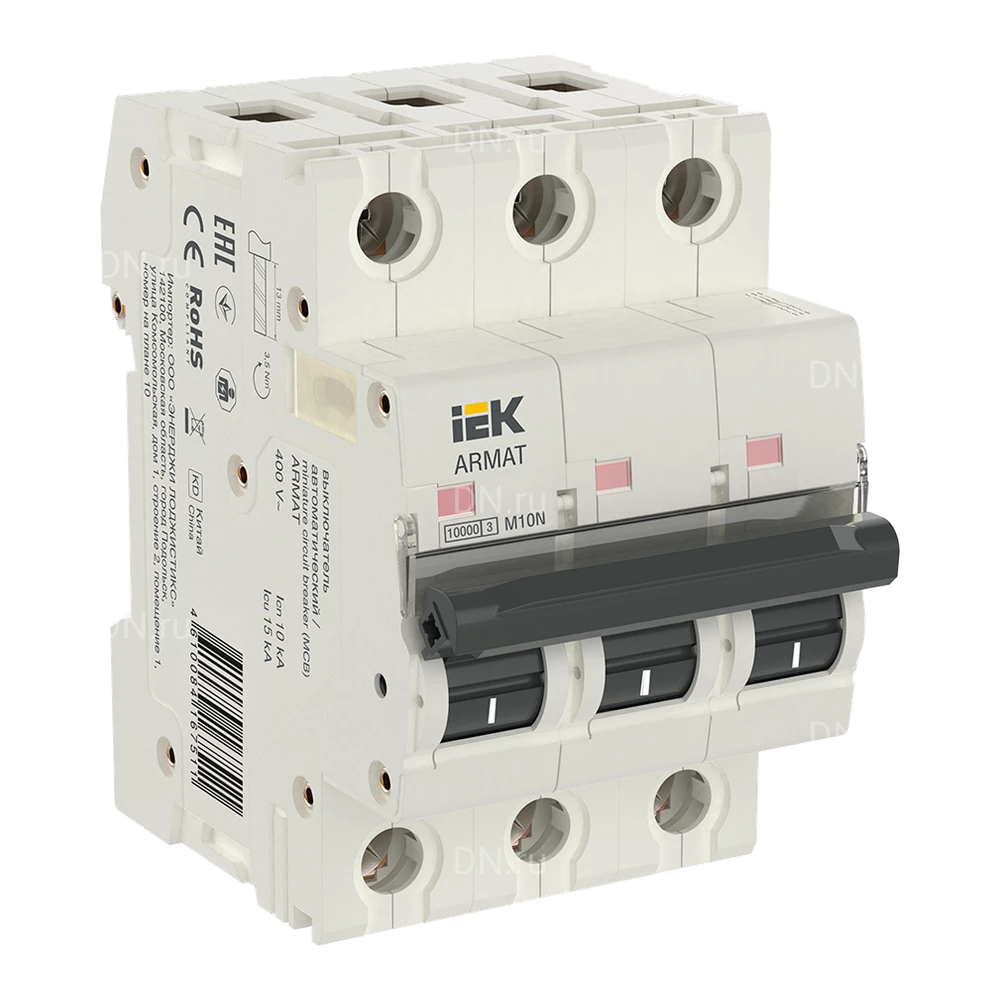 Автоматический выключатель модульный трехполюсный IEK ARMAT M10N 3P (C) 2А 10кА, сила тока 2А, тип расцепителя C, отключающая способность 10кА AR-M10N-3-C002
