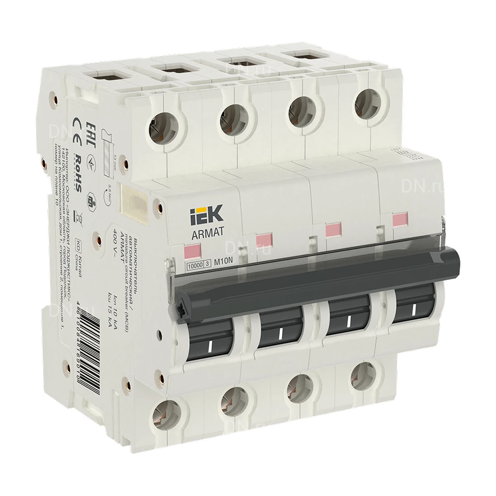 Автоматический выключатель модульный четырехполюсный IEK ARMAT M10N 4P (C) 32А 10кА, сила тока 32А, тип расцепителя C, отключающая способность 10кА AR-M10N-4-C032