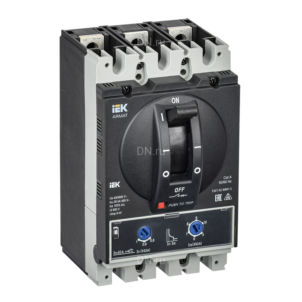 Автоматический выключатель в литом корпусе трехполюсный IEK ARMAT MCCB 3P (G) 200А 50кА, сила тока 200А, типоразмер G, отключающая способность 50кА, с термомагнитным регулируемым расцепителем AR-MCCB-3G-050-0200A-ATUC