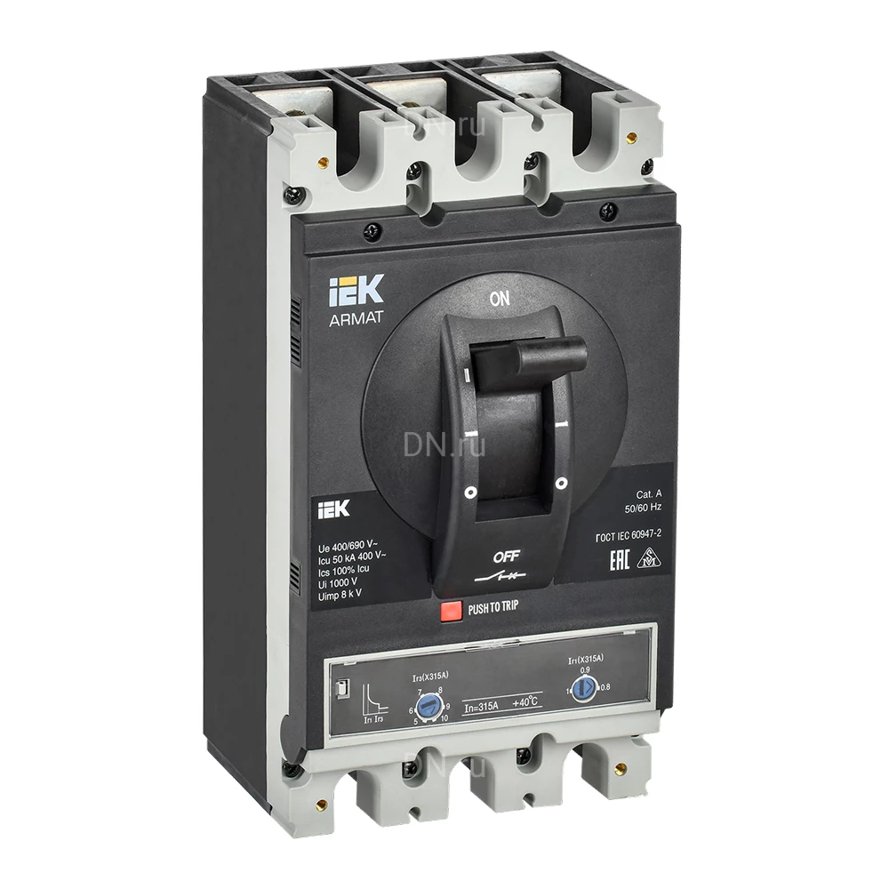 Автоматический выключатель в литом корпусе трехполюсный IEK ARMAT MCCB 3P (I) 630А 85кА, сила тока 630А, типоразмер I, отключающая способность 85кА, с электронным продвинутым расцепителем AR-MCCB-3I-085-0630A-ELPC