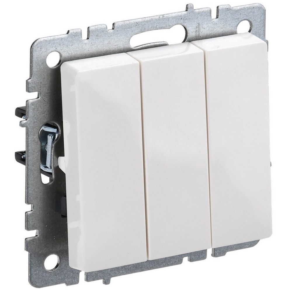 Выключатель трехклавишный IEK Brite ВС10-3-0-БрБ скрытой установки, номинальный ток - 10 А, степень защиты IP20, цвет - белый