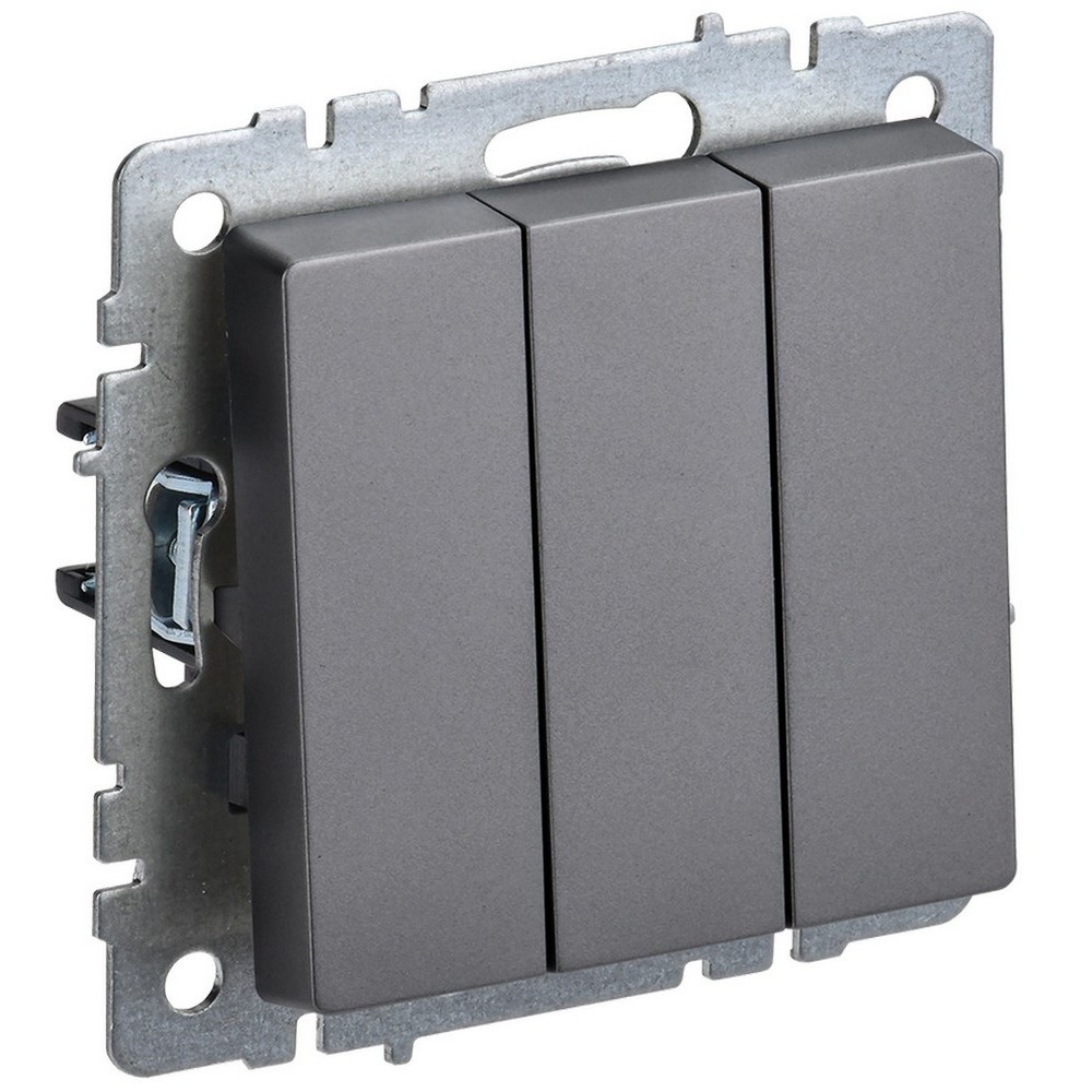 Выключатель трехклавишный IEK Brite ВС10-3-0-БрС скрытой установки, номинальный ток - 10 А, степень защиты IP20, цвет - сталь