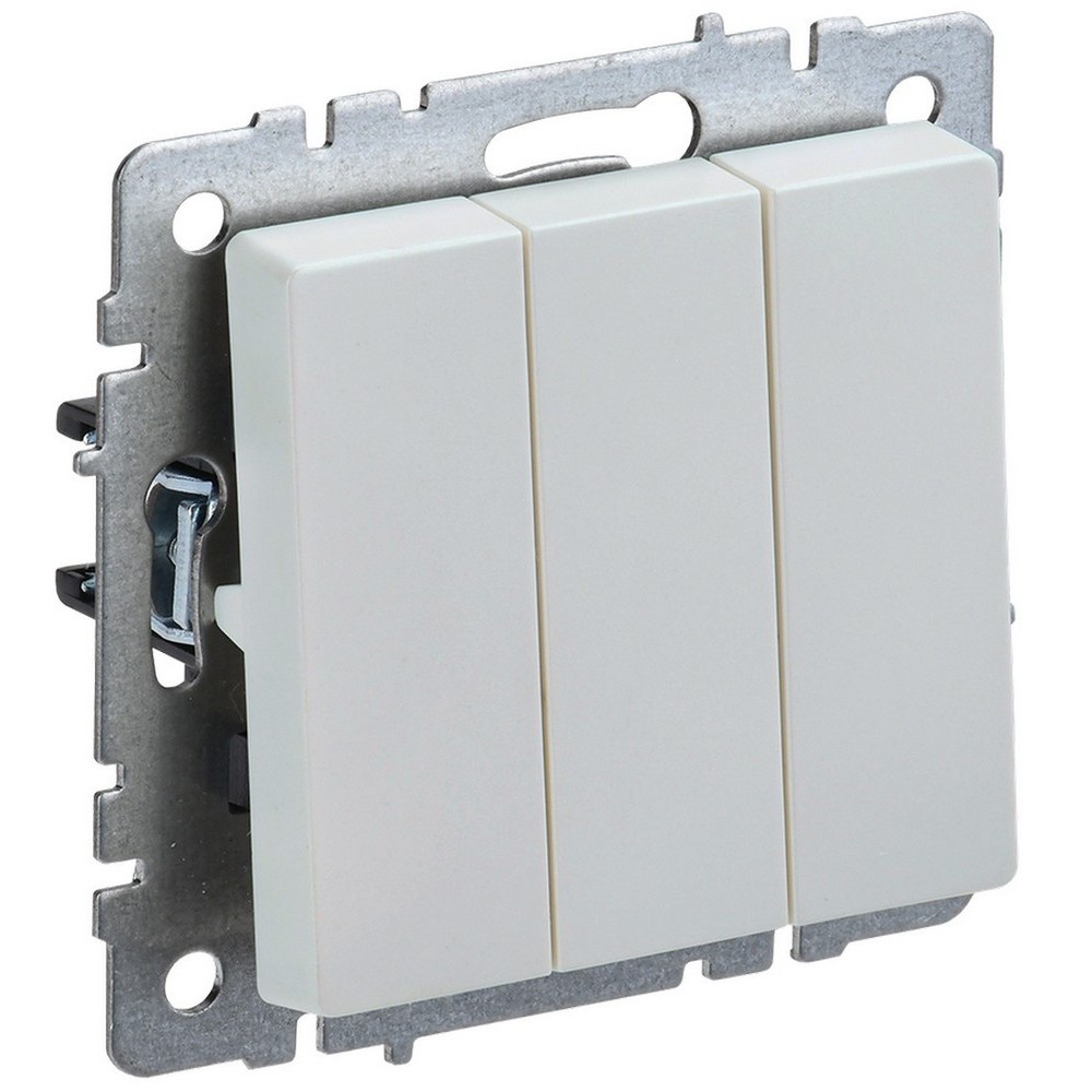 Выключатель трехклавишный IEK Brite ВС10-3-0-БрЖ скрытой установки, номинальный ток - 10 А, степень защиты IP20, цвет - жемчужный