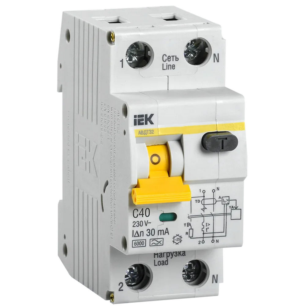 Автоматический выключатель дифференциального тока двухполюсный IEK АВДТ 32 С 6кА 1P+N 40А, ток утечки 30 мА переменный, сила тока 40 А