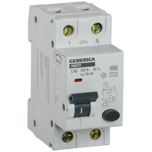 Автоматические выключатели дифференциального тока двухполюсные IEK GENERICA АВДТ32 1P+N, сила тока 10-40 А, отключающая способность 4.5 kА