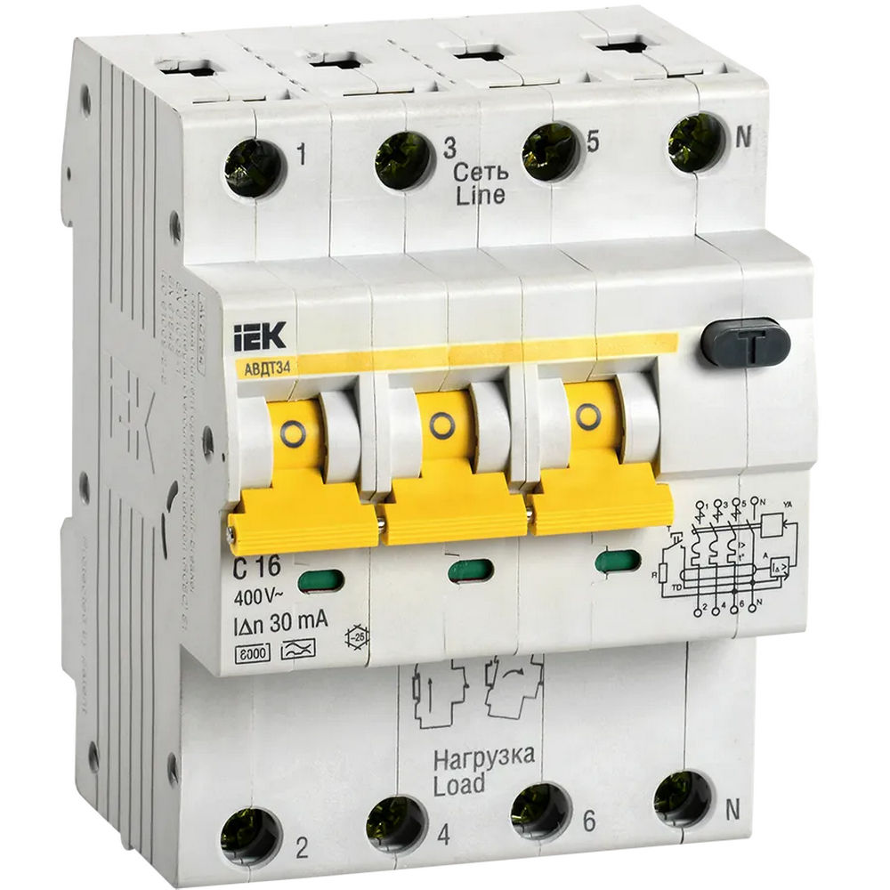 Автоматический выключатель дифференциального тока четырехполюсный IEK АВДТ 34 С 6кА 3P+N 16А, ток утечки 30 мА переменный, сила тока 16 А