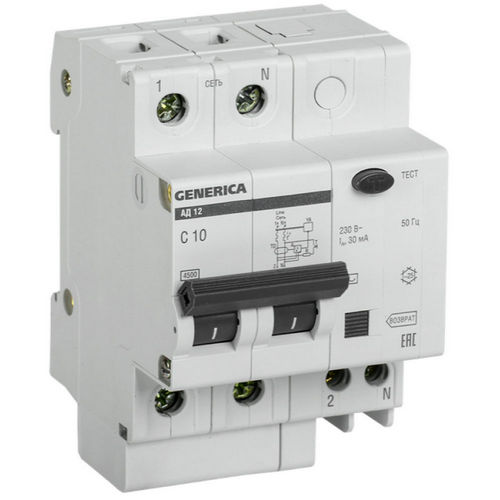 Автоматические выключатели дифференциального тока двухполюсные IEK GENERICA АД12 2P, сила тока 10-32 А, переменный, тип расцепления C, отключающая способность 4.5 kА