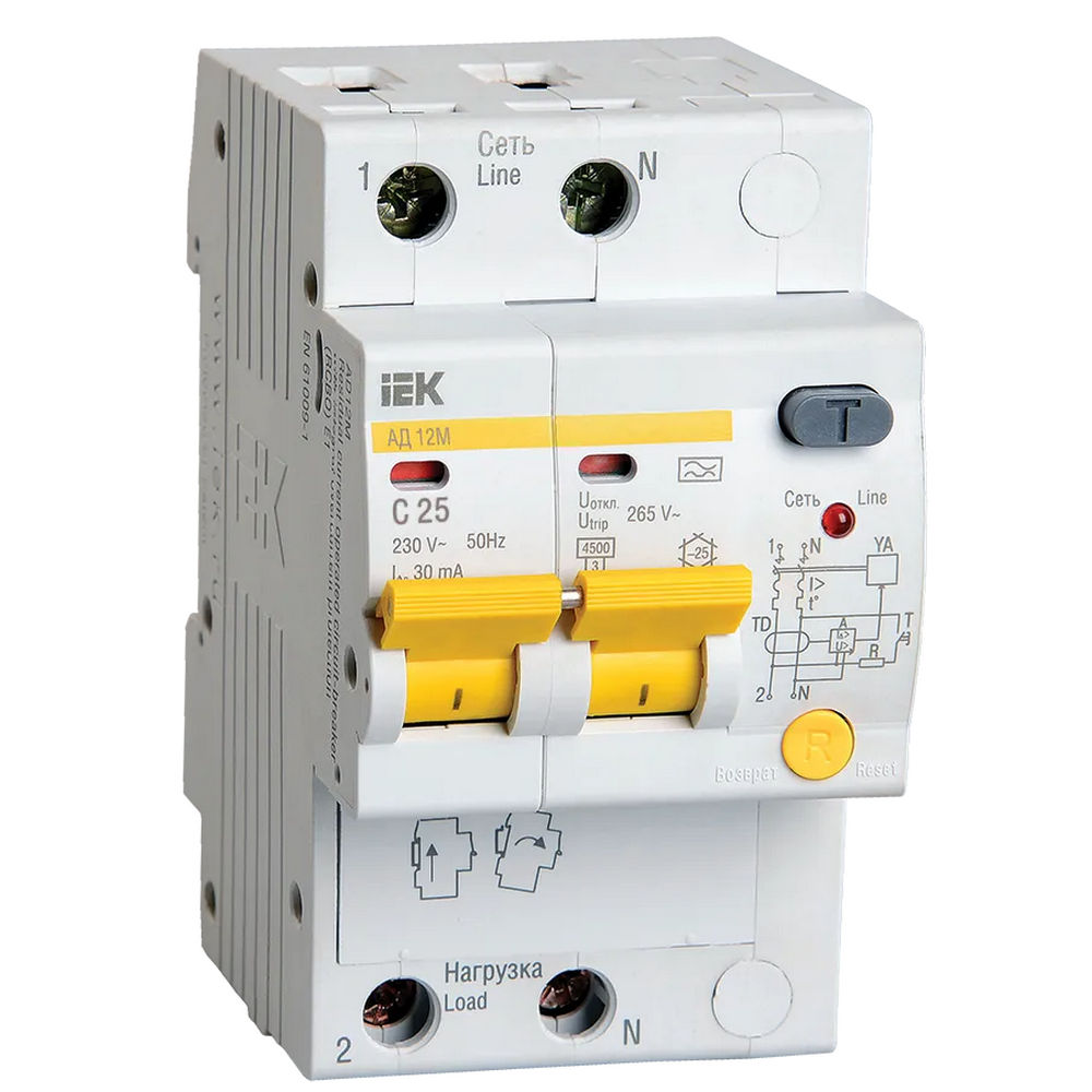 Автоматический выключатель дифференциального тока двухполюсный IEK АД12M С25 А30 2P, сила тока 25 А, переменный, тип расцепления C, отключающая способность 4.5 kА