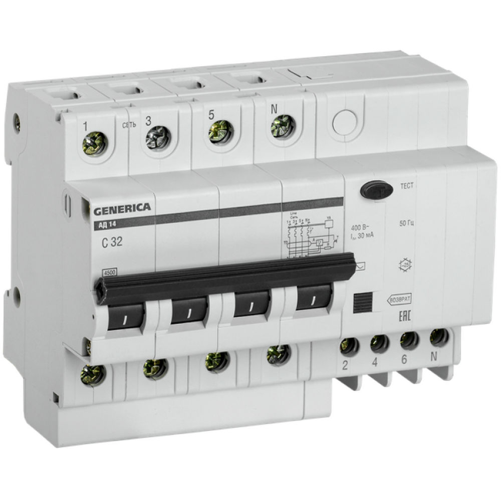 Автоматический выключатель дифференциального тока четырехполюсный IEK GENERICA АД14 С32 АC30 4P, сила тока 32 А, переменный, тип расцепления C, отключающая способность 4.5 kА