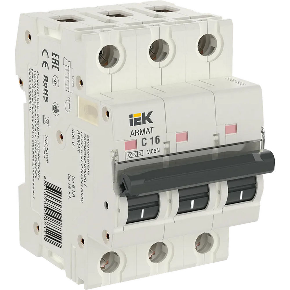 Автоматический выключатель трехполюсный IEK ARMAT M06N 3P 16А (C) 6kА, переменный ток, сила тока 16 А